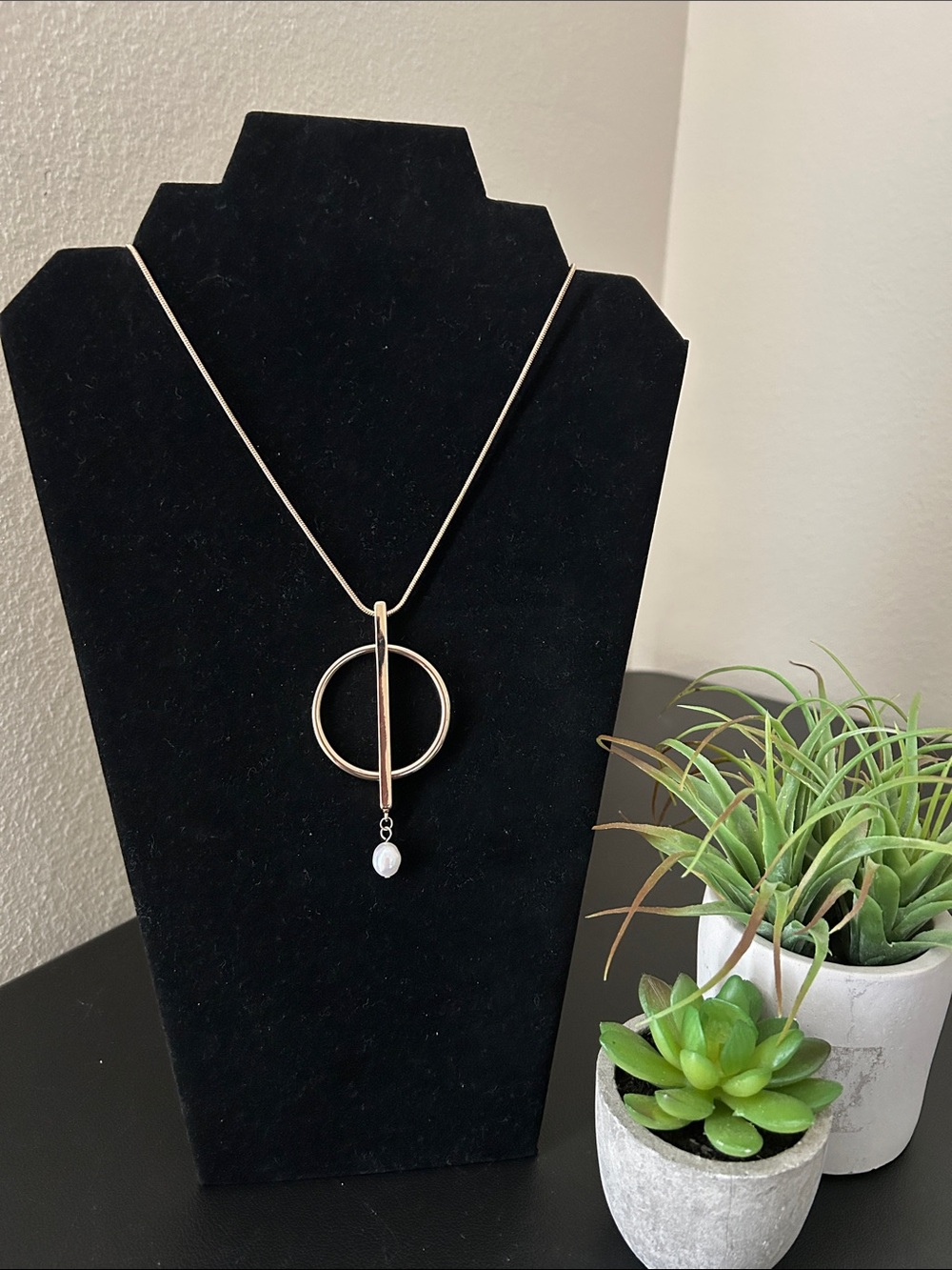 Gold-Tone Circle Drop Pendant Necklace with White Pearl Accent